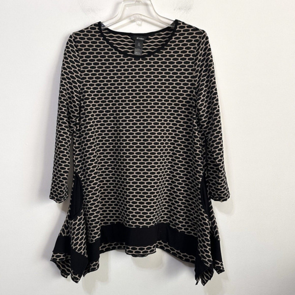 Ali Miles Textured Tunic Top Blouse M 3/4 Sleeve Artsy Lagenlook Asymmetric Hem